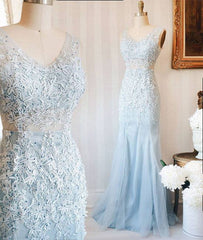 Blue v neck lace tulle long prom dress, blue lace evening dress for teens - RongMoon