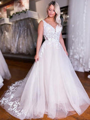 Princess V Neck Appliques Backless Wedding Dress