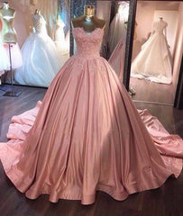 Unique pink sweetheart lace long prom gown, sweet 16 dress - RongMoon