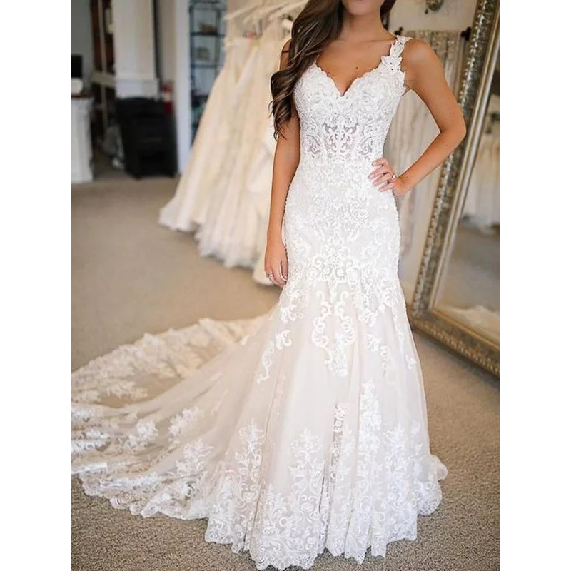 Trumpet Mermaid Tulle Applique V-neck Wedding Dress