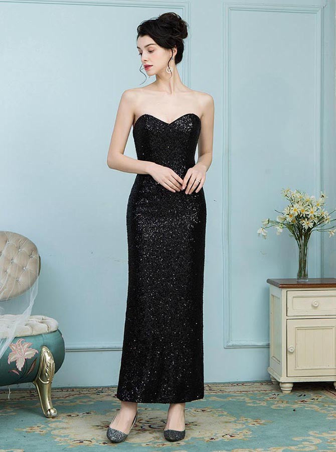 Black Sweetheart Ankle Length Sequined Prom Dress