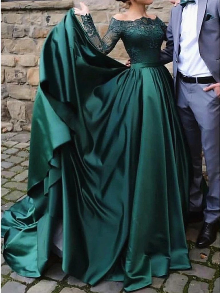 Off The Shoulder Long Sleeves Lace Emerald Green Prom Dress
