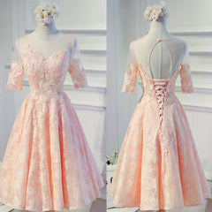 Vintage Half Sleeve Appliques Floral Prints Clairvoyant Outfit Lace Lace Up Back Tea-Length Homecoming Dress,BD0124