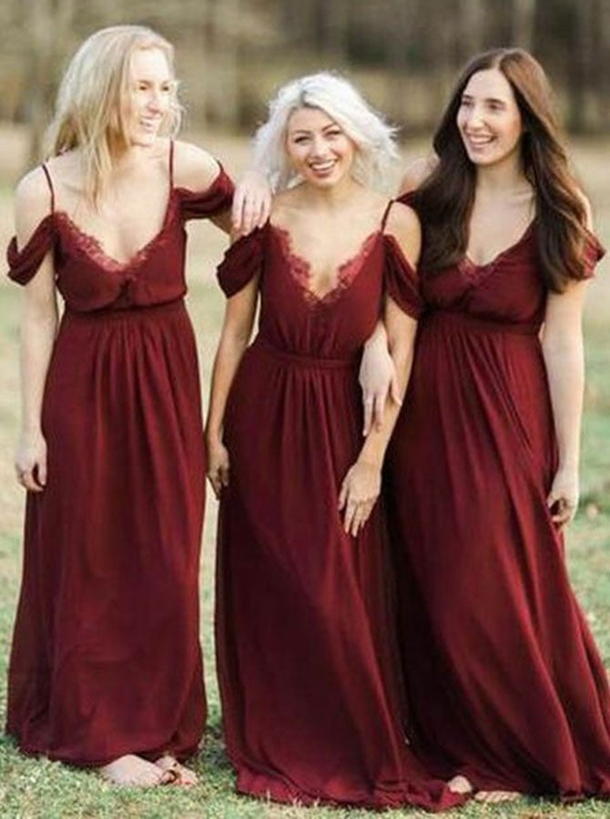 Chiffon Off Shoulder Dark Red Bridesmaid Dress with Ruffles