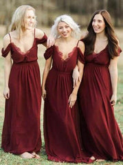 Chiffon Off Shoulder Dark Red Bridesmaid Dress with Ruffles