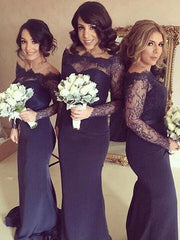 Mermaid Off-the-Shoulder Long Sleeves Navy Bridesmaid Dress