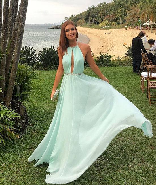 Green chiffon backless long prom dress, green formal dress - RongMoon