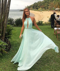 Green chiffon backless long prom dress, green formal dress - RongMoon