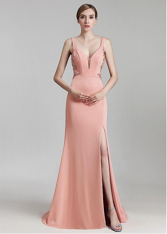 Crystal V-neck Neckline Mermaid Evening Dress With Beadings & Slit