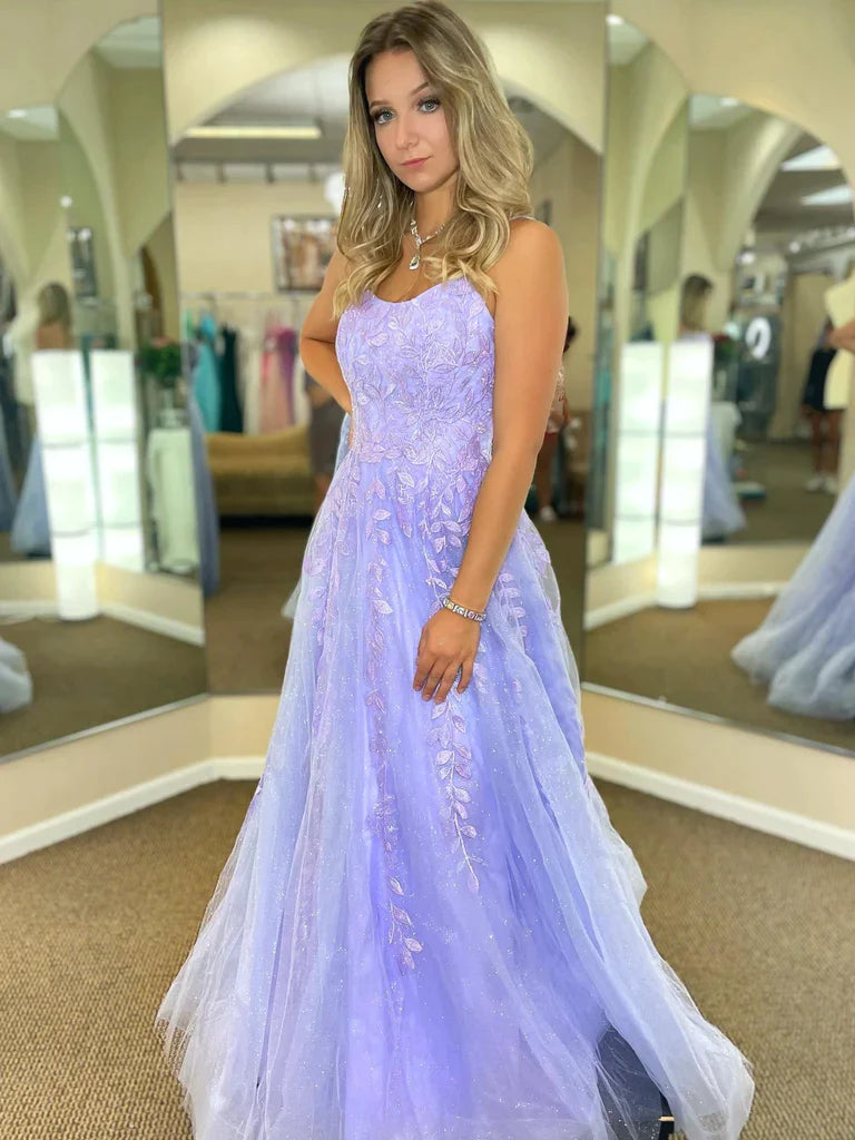 Backless Purple Lace Tulle Appliques Long Prom Dress