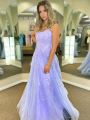 Backless Purple Lace Tulle Appliques Long Prom Dress