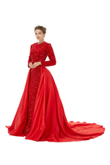 Red Long Sleeves Scoop Trumpet Mermaid Sparkle Sequin Prom Dress