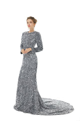 Silver Removable Train Long Sleeves Trumpet Mermaid Sparkle Sequin Prom Dress