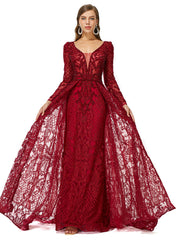 Burgundy Long Sleeves Tulle Beading Detachable Train Formal Prom Dress