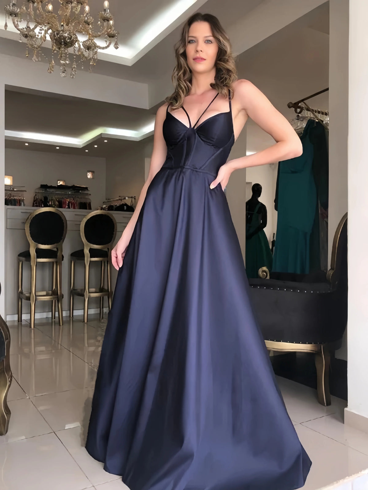 Dark Navy Blue V Neck Satin A Line Prom Dress