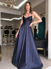 Dark Navy Blue V Neck Satin A Line Prom Dress