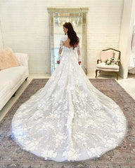 Lace High Neck Appliques Sheer A Line Wedding Dress