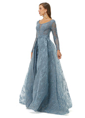 Blue Long Sleeves Scoop Lace A Line Detachable Train Prom Formal Dress