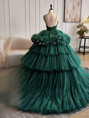 Open Back V Neck Ball Gown Green Prom Dress With Feather