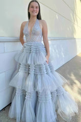 Red Tulle Mesh V Neck Ruffles Prom Dress
