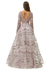 Long  Sleeves V Neck Lace A Line Detachable Train Prom Formal Dress
