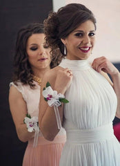 A Line Sleeveless High Neck Chiffon PleatsWedding Dress