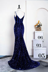 Royal Blue Sequin Backless Mermaid Sheer Prom Dress