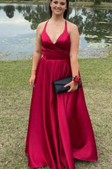 A Line V NeckOpen Back  Burgundy Long Prom Dress