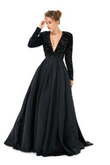 Black Long Sleeves Sequin & Satin A Line Sexy Prom Formal Dress