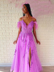 Purple Feather Off Shoulder Prom Dress with High Slit