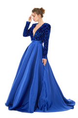 Royal Blue V Neck Sequin Bling Bling Satin A Line Prom Dress