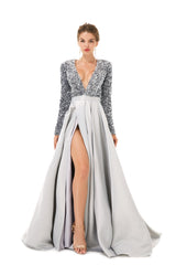 Silver Long Sleeves Sequin & Satin A Line Sexy Prom Formal Dress