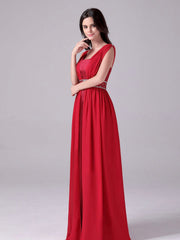 Red Long Boat Neck Satin & Chiffon A Line Beading Prom Dress