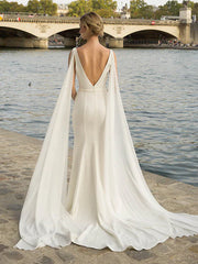 Sheath Column Backless V Neck Satin Wedding Dress With Cape
