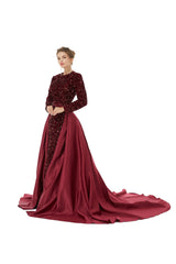 Burgundy Long Sleeves Scoop Trumpet Mermaid Sparkle Sequin Prom Dress