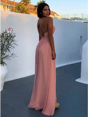 Chiffon Pink Sexy A Line Spaghetti Straps Prom Dress With Slit