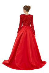 Red Long Sleeves Sequin & Satin A Line Sexy Prom Formal Dress