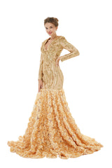 Champagne Sequin V Neck Long Sleeve Trumpet Mermaid Prom Formal Dress