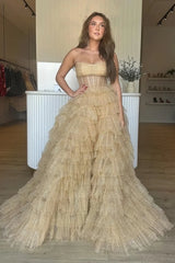 Sparkle Strapless Champagne Tulle Ruffles Prom Dress