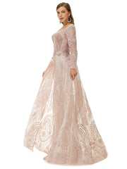 Champagne Long Sleeves Tulle Beading Detachable Train Formal Prom Dress