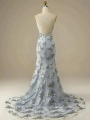 V Neck Mermaid Silver Gray Appliques Prom Dress