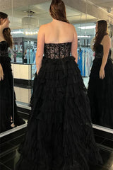 Lace Tulle Strapless Black Prom Dress with High Slit