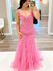 Off The Shoulder Mermaid Pink Lace Appliques Prom Dress