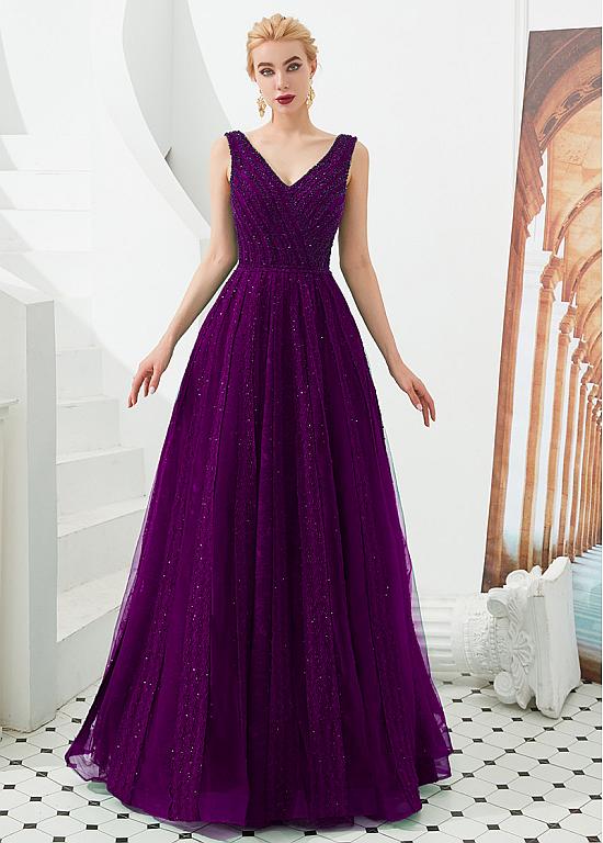 Shining Tulle V-neck A-line Formal & Evening Dress