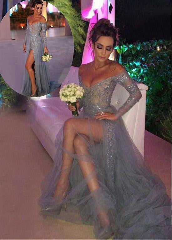 Silver Evening Dresses With Beaded Lace Appliques