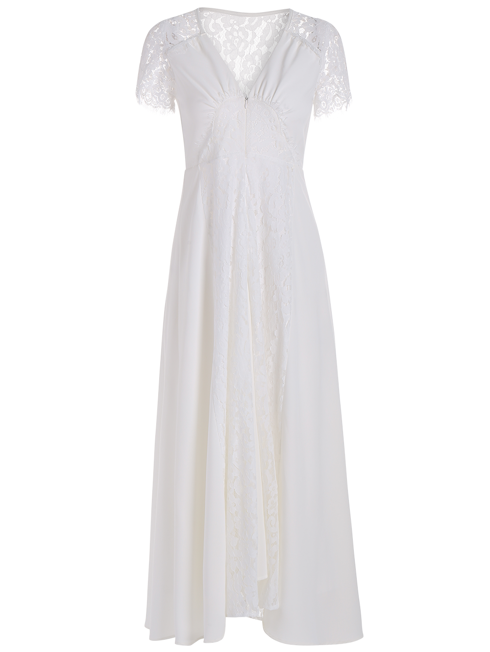 White Front Zippered Lace Panel Maxi Dress