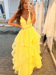 Daffodil V Neck Beading Ruffles A Line Prom Dress