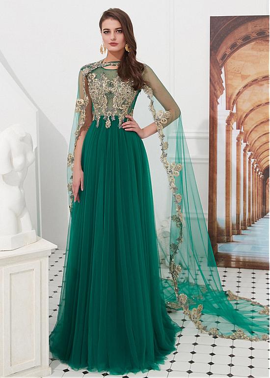 Tulle Jewel Detachable Shawl Green A-line Prom Dress