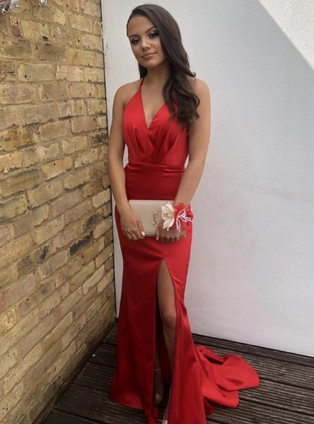 Mermaid Satin V-neck Backless Pleats Sexy Red Prom Dress
