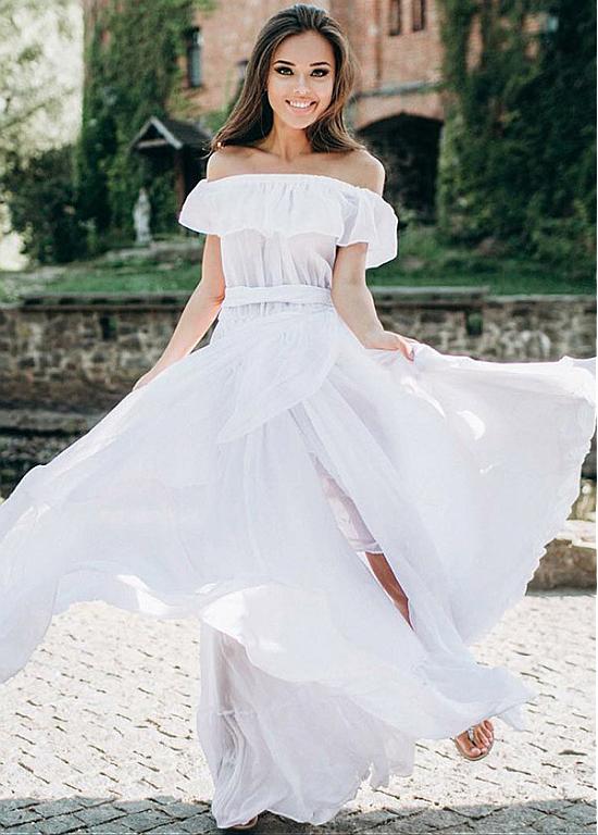 Belt & Ruffles Chiffon Off-the-shoulder A-line Wedding Dress